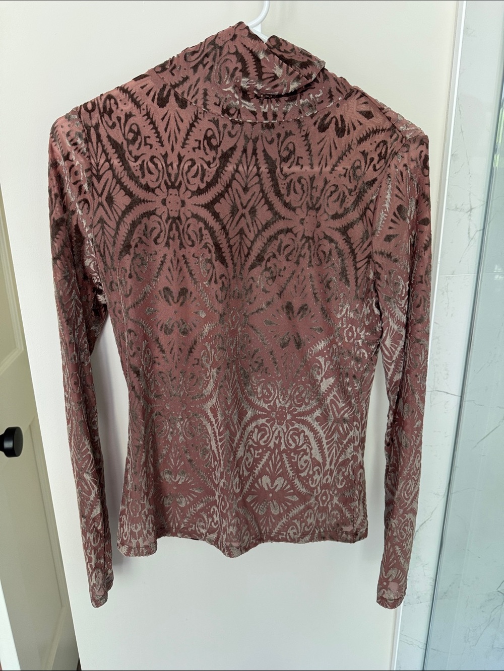 Long-Sleeve Velvet Burnout Mock Neck Top - Dusty Rose